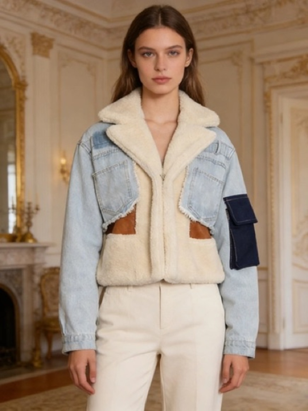 Light Wash Denim Jacket with Cream Sherpa Trim
